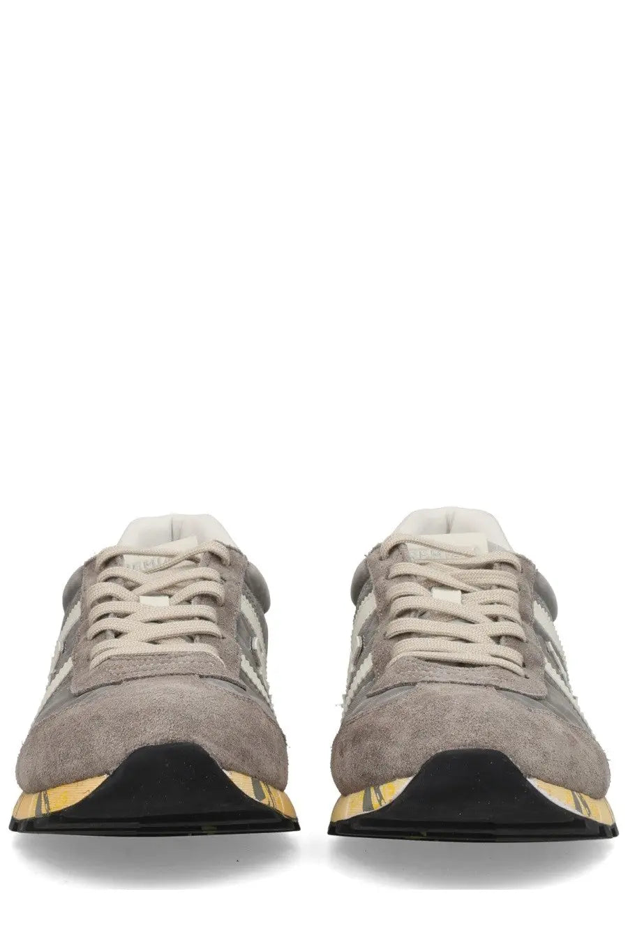 Premiata men’s sneaker lucy grey in gray suede with white stripes and yellow-accented sole for casual wear
