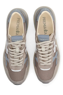 Premiata men’s sneaker mick beige with beige and gray mesh and suede upper white laces and chunky rubber sole