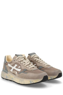 Premiata men’s sneaker Mick beige with beige and gray suede mesh upper and chunky sole with yellow blue graffiti markings