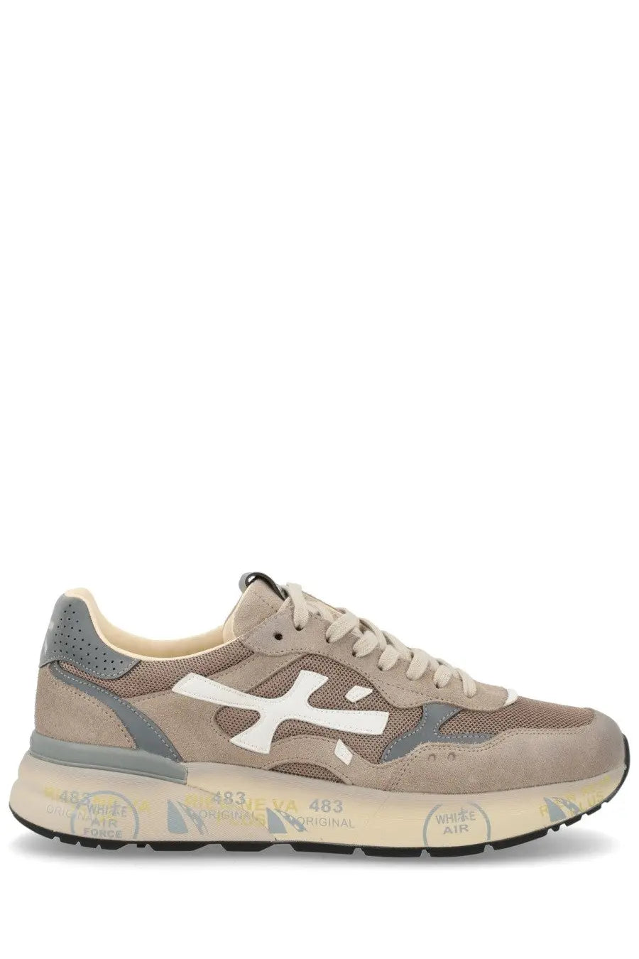 Premiata men’s sneaker mick beige in beige and gray suede with white logo accents and chunky rubber sole branded 483 white air