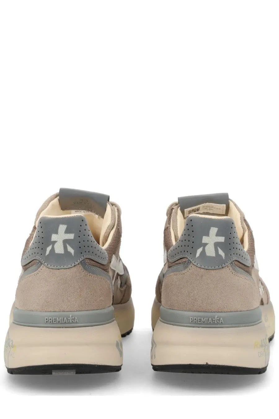 Beige suede and gray mesh premiata men’s sneaker mick with chunky off-white sole shown from the back side