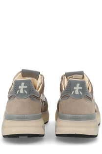 Beige suede and gray mesh premiata men’s sneaker mick with chunky off-white sole shown from the back side