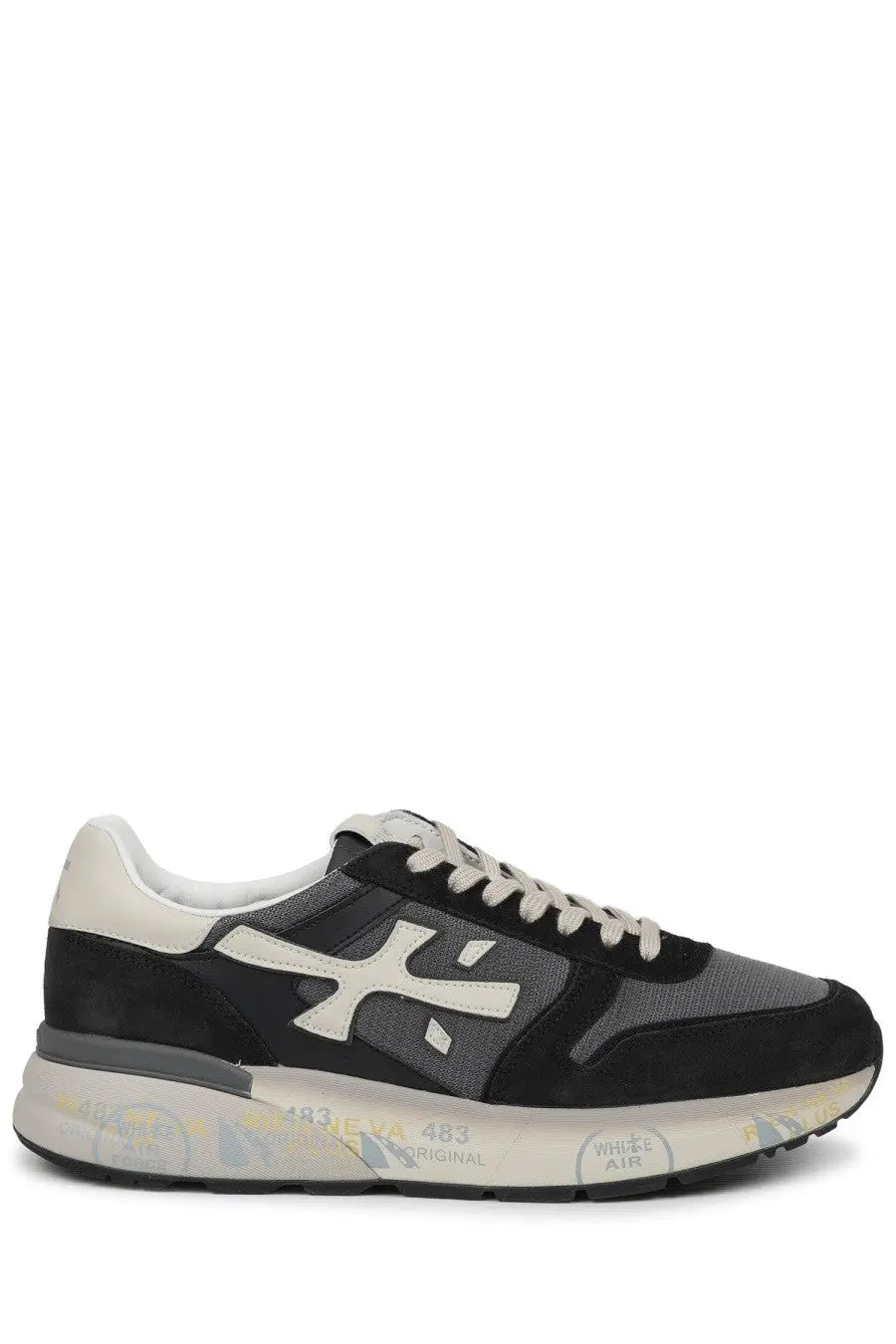 Premiata men’s sneaker mick blue in black and gray suede and mesh with white logo and chunky rubber sole
