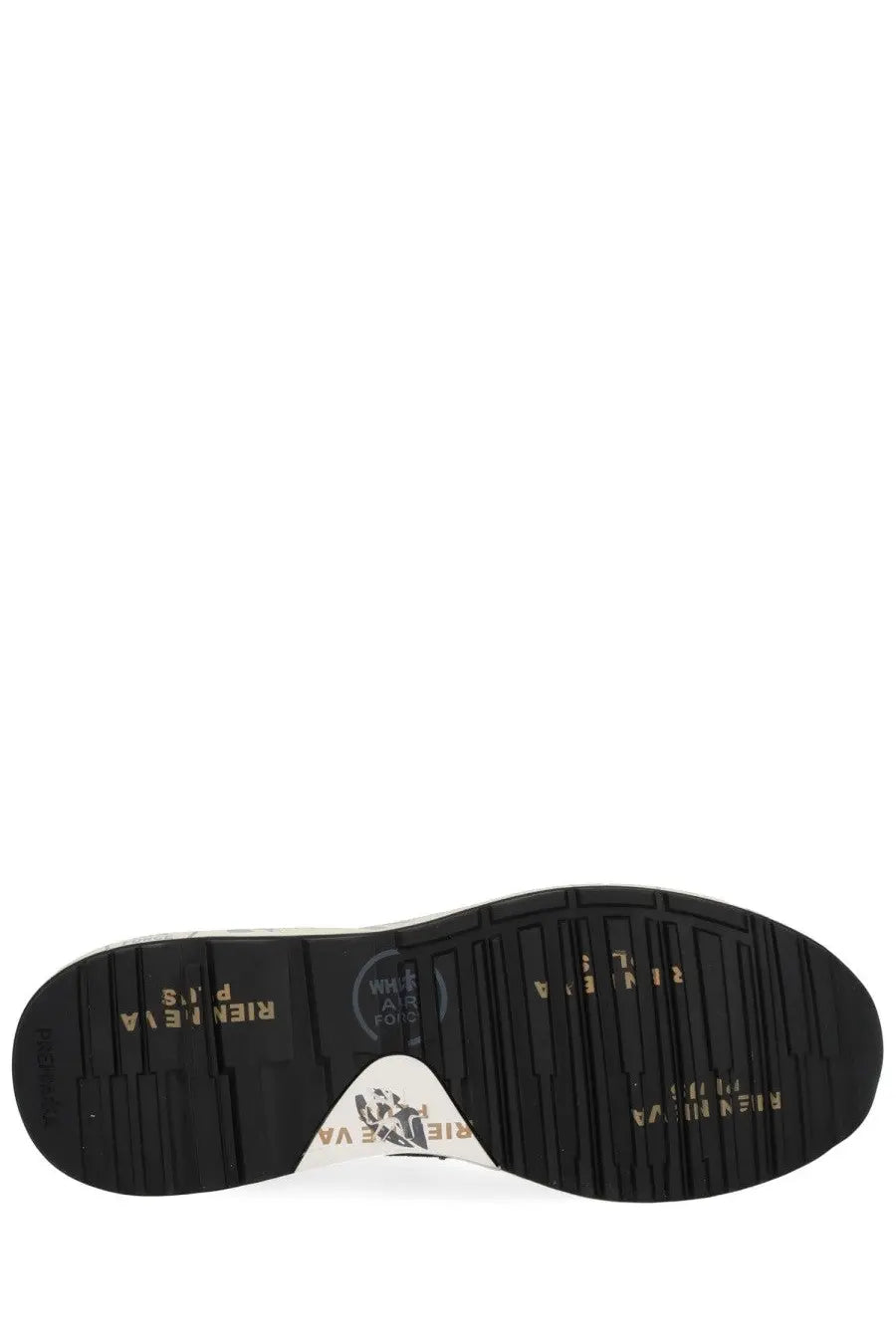 Black rubber sole with gold lettering and white triangular logo patch on the back of premiata men’s sneaker mick blue