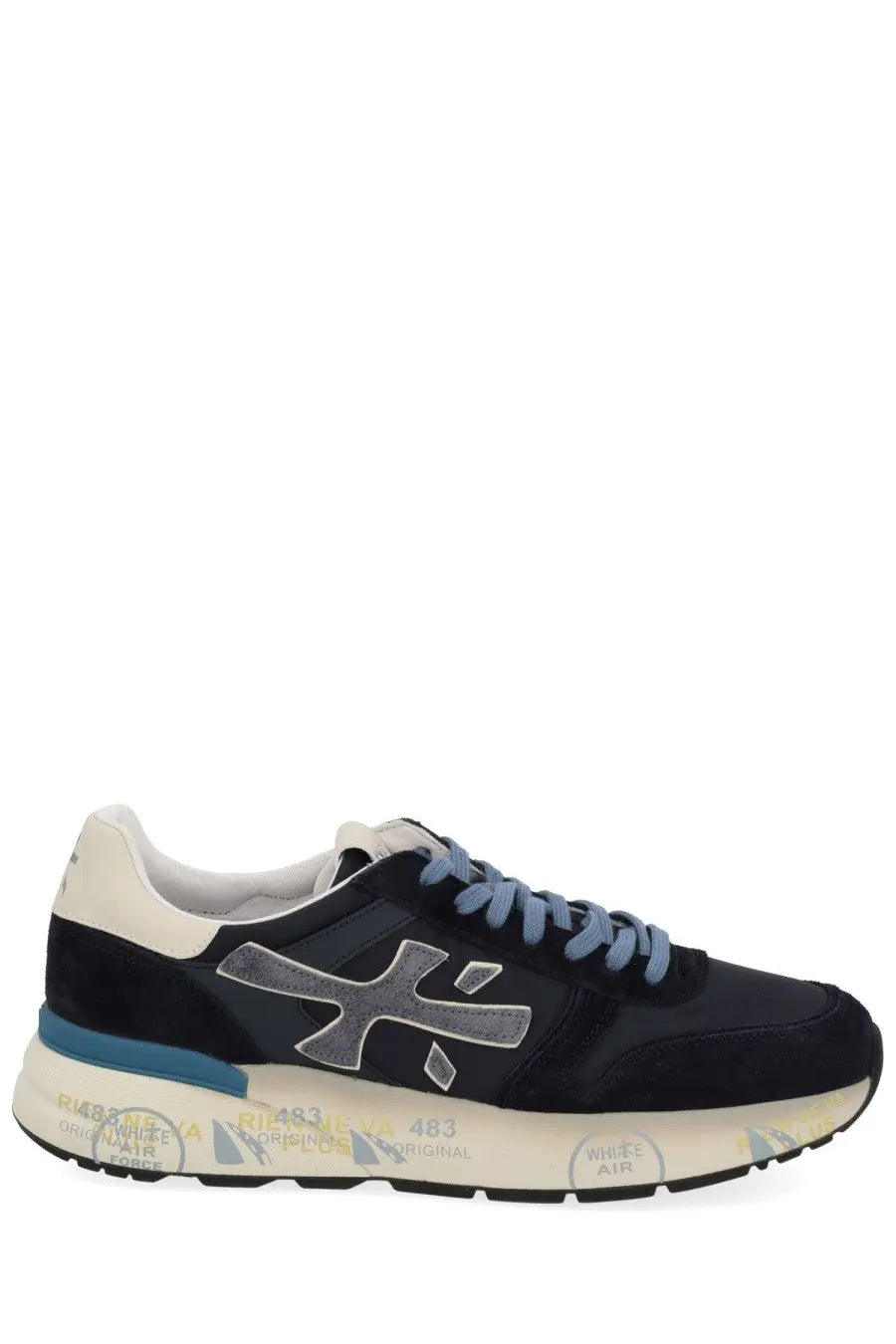 Premiata men’s sneaker Mick blue in black suede and canvas with gray logo blue laces and white rubber sole 483 branding