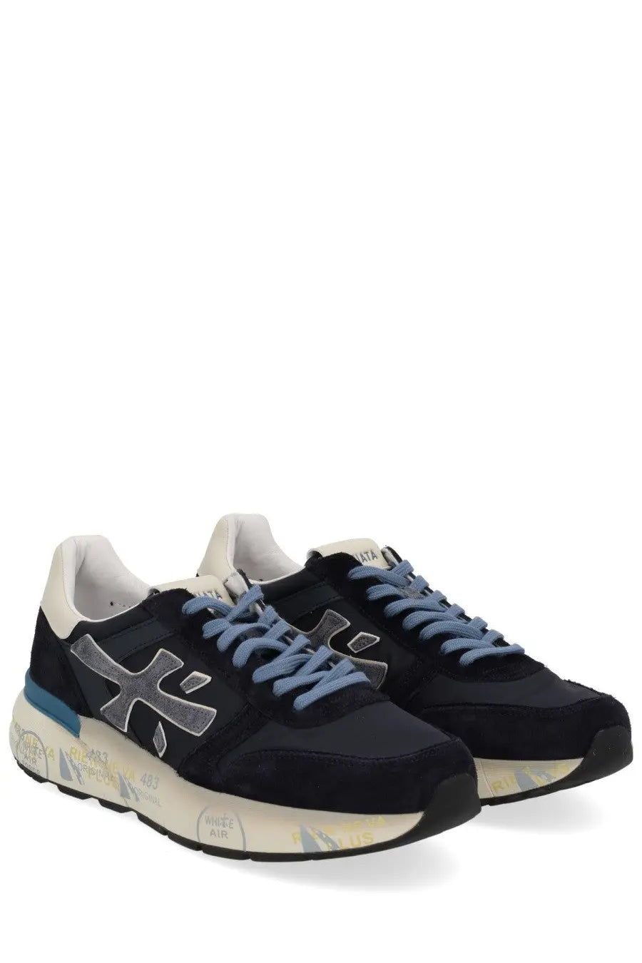 Premiata men’s sneaker mick blue black suede and mesh with light blue laces silver logo and white graffiti rubber sole