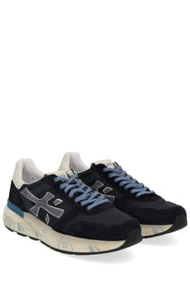 Premiata men’s sneaker mick blue black suede and mesh with light blue laces silver logo and white graffiti rubber sole