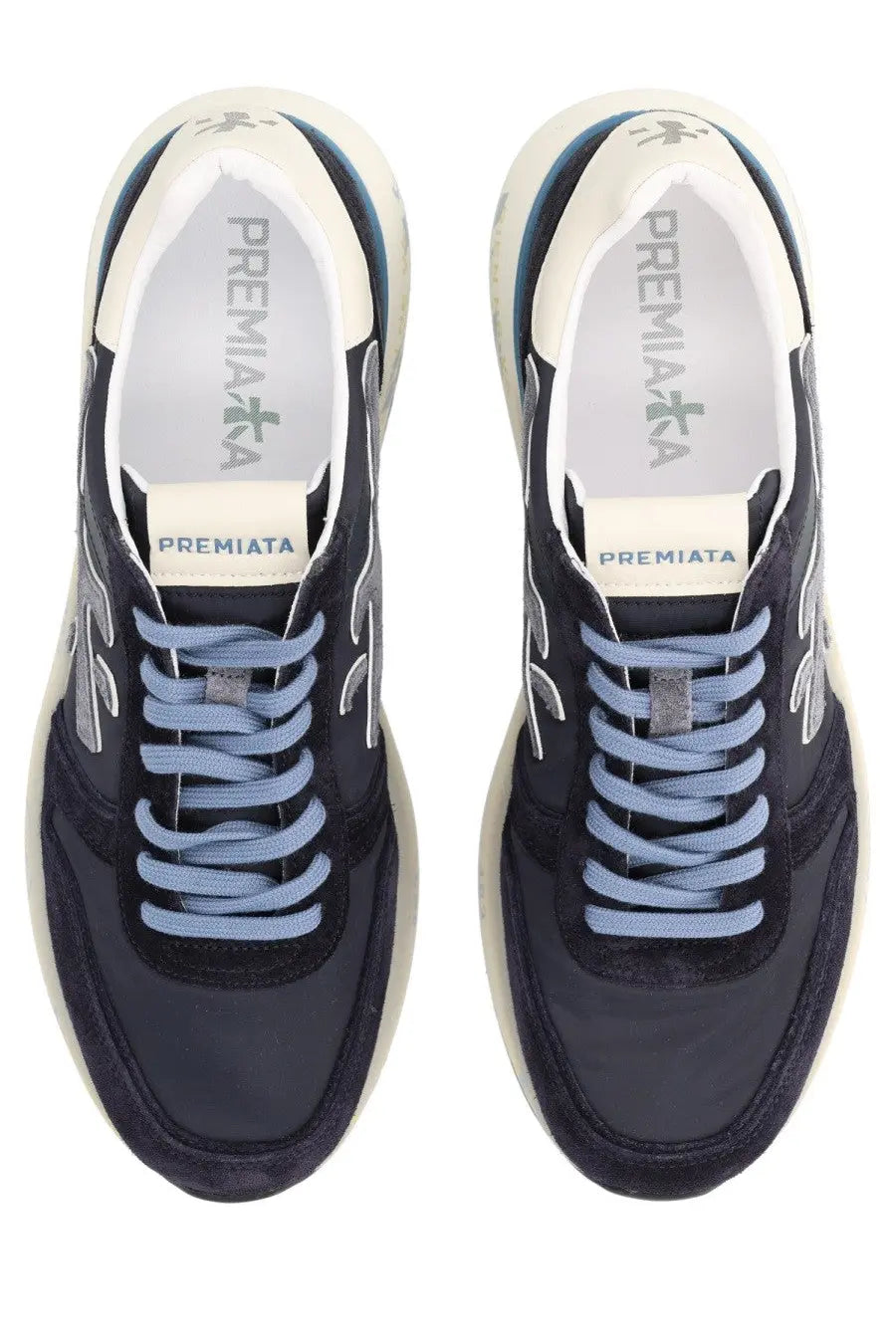 Premiata men’s sneaker mick blue in dark navy suede and mesh with light blue laces and white rubber sole