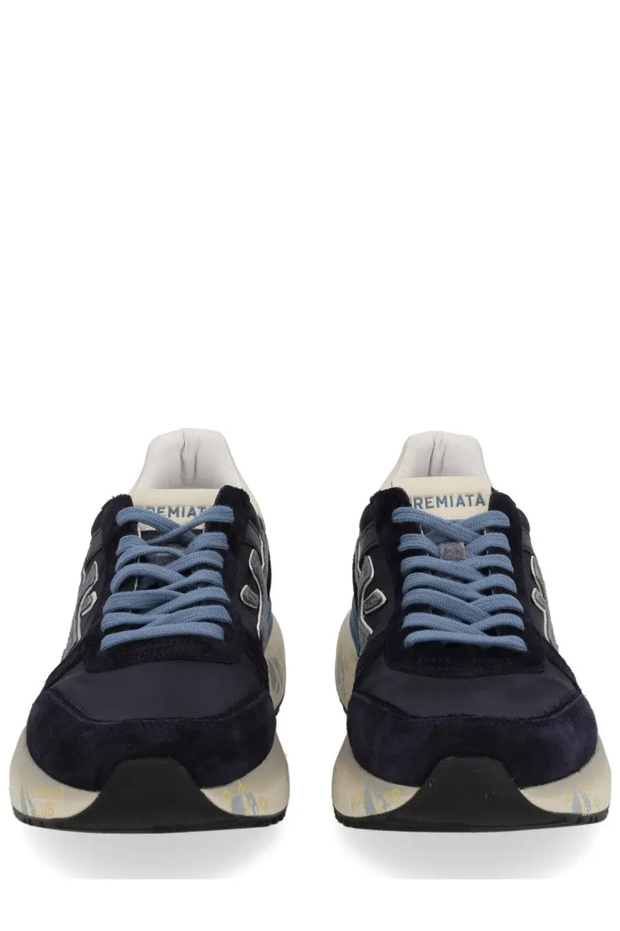 Premiata men’s sneaker Mick Blue in navy blue suede and mesh with light blue laces and cream rubber sole