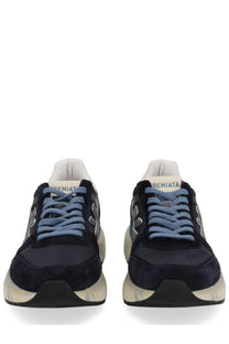 Premiata men’s sneaker Mick Blue in navy blue suede and mesh with light blue laces and cream rubber sole