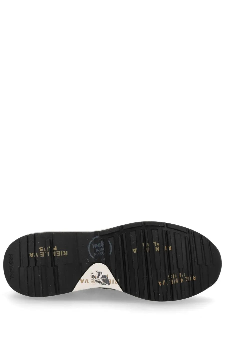 Black rubber sole with gold lettering and white triangular logo patch on the back of premiata men’s sneaker mick grey