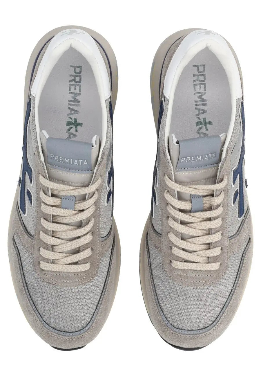 Premiata men’s sneaker mick grey featuring gray and navy textured upper white laces and subtle branding on the tongue