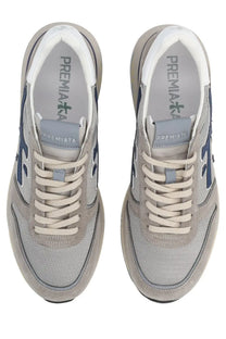 Premiata men’s sneaker mick grey featuring gray and navy textured upper white laces and subtle branding on the tongue
