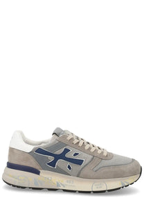 Premiata men’s sneaker mick grey in gray suede and mesh with navy logo white laces and textured rubber sole 483 branding