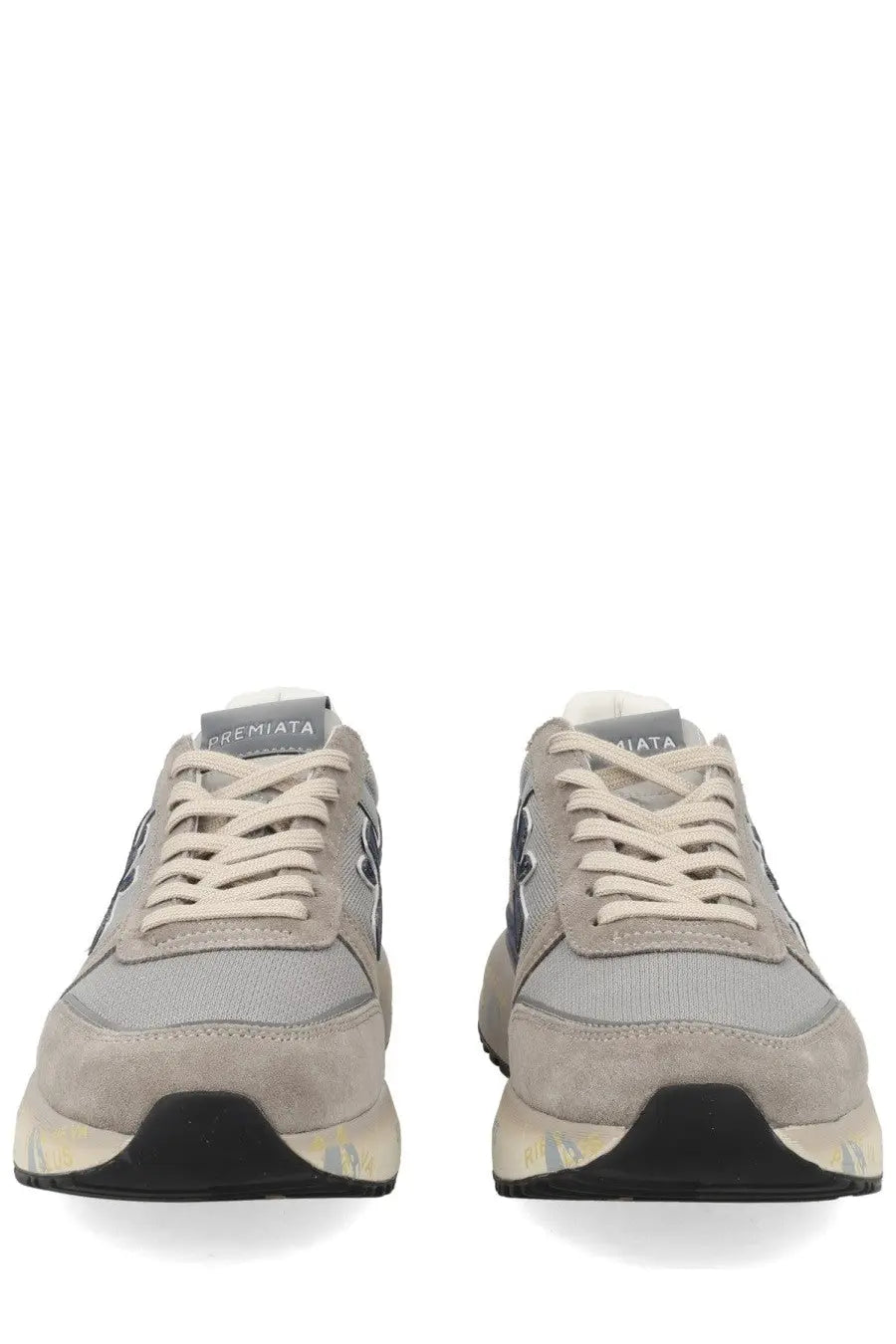 Premiata men’s sneaker Mick grey features gray suede and mesh with a chunky sole and brand name on the tongue