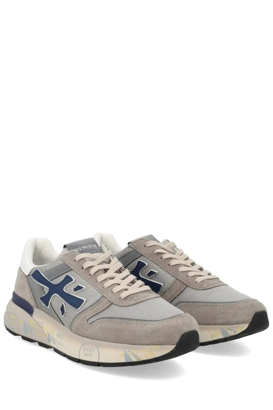 Premiata men’s sneaker mick grey suede and mesh sneakers with navy logo and chunky white midsole with yellow graffiti details