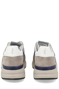Premiata men’s sneaker mick grey gray suede and white leather sneakers with navy blue accents and chunky sole back view