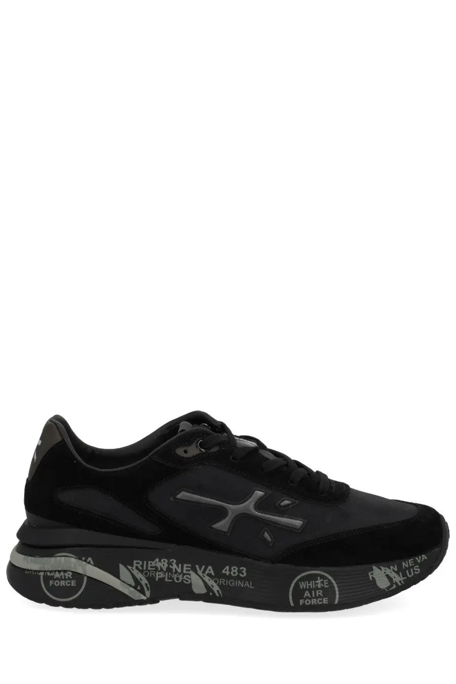 Premiata men’s sneaker moerun black with matte finish and silver graphic detailing and riedel va 483 text on sole