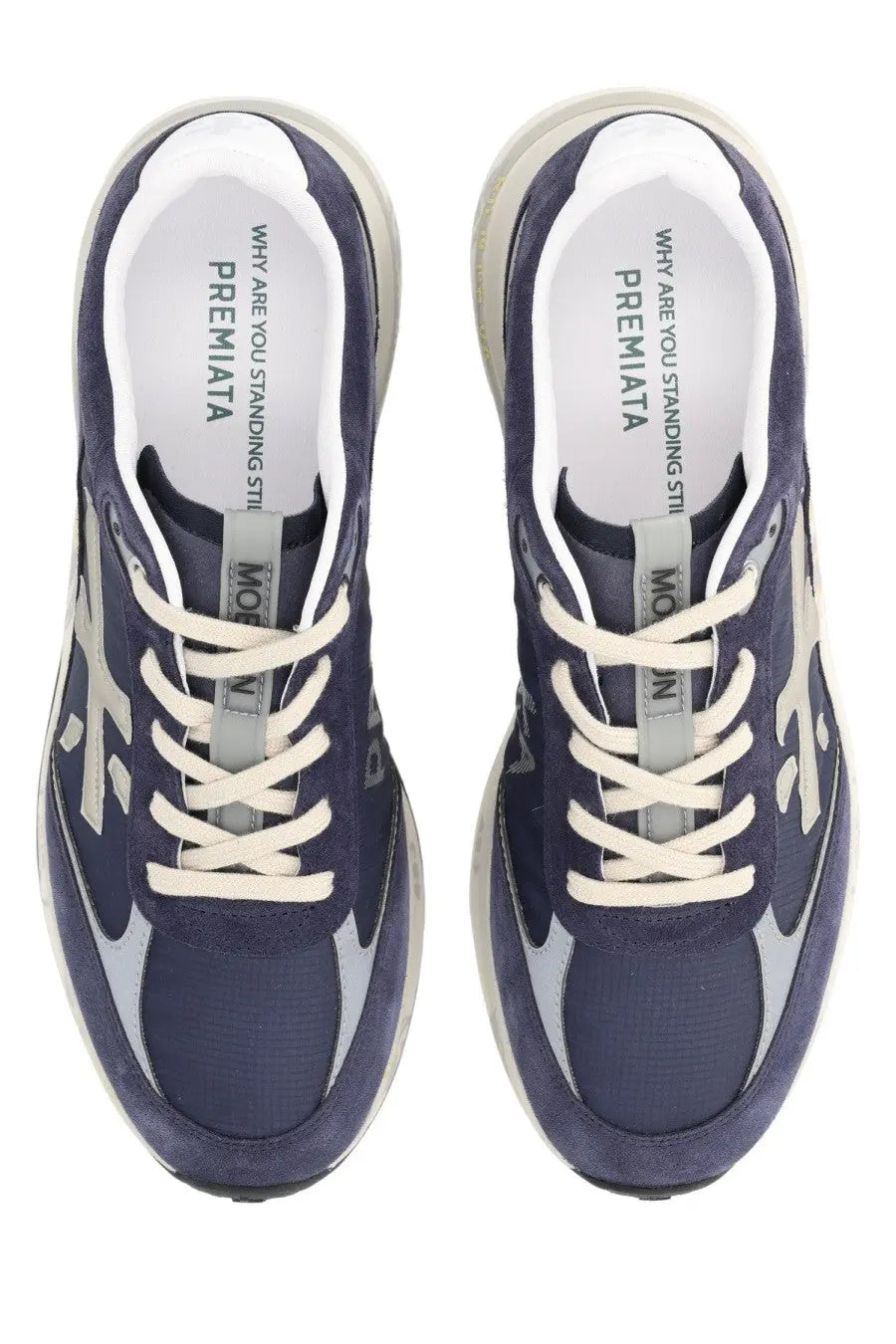 Premiata men’s sneaker Moerun blue suede sneaker in navy blue and gray with white laces and chunky sole