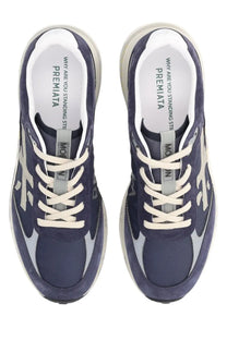 Premiata men’s sneaker Moerun blue suede sneaker in navy blue and gray with white laces and chunky sole
