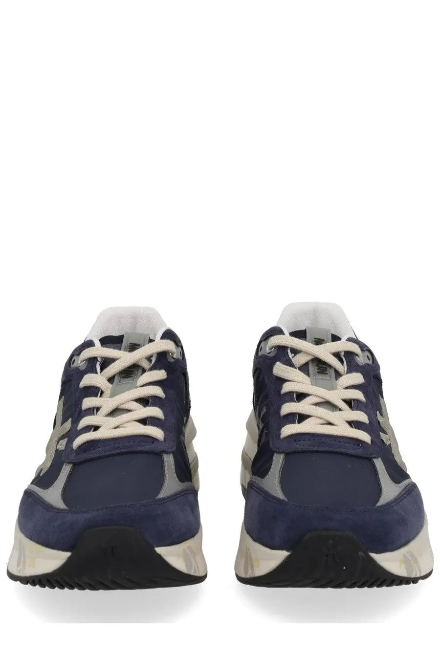 Premiata men’s sneaker moerun blue in navy blue and gray suede with cream laces and chunky white sole visible from back side