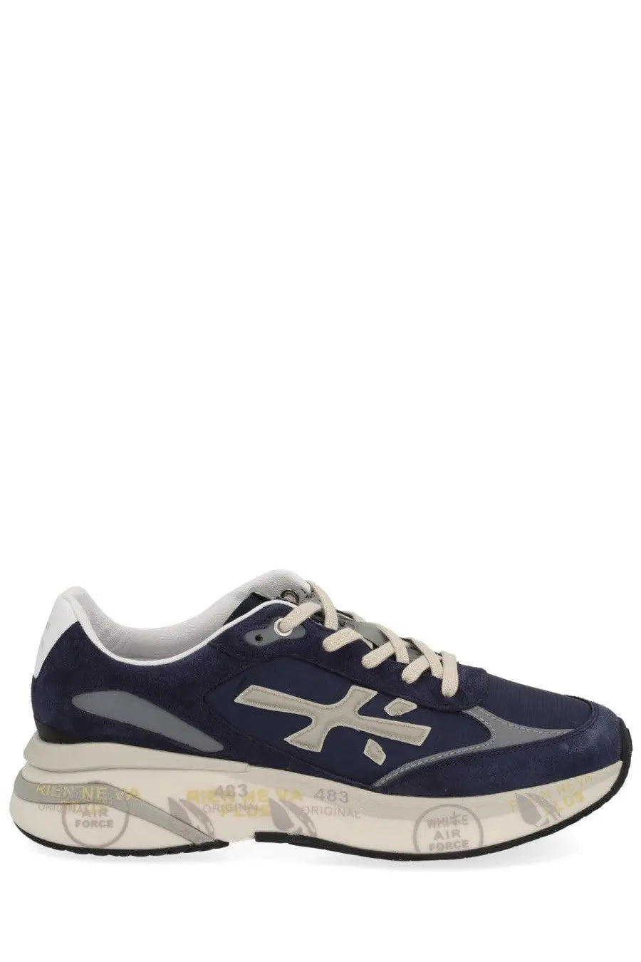 Navy blue suede and mesh Premiata men’s sneaker moerun with silver logo accents and cream rubber sole with graphics