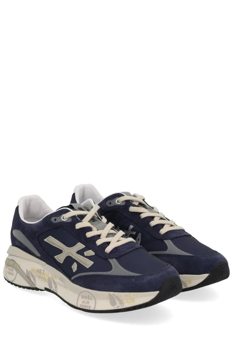 Premiata men’s sneaker moerun blue in navy suede and mesh with cream laces gray accents and chunky white sole