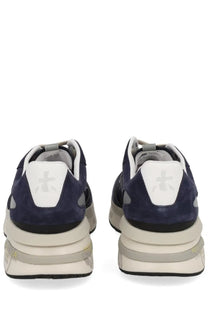 Premiata men’s sneaker Moerun blue navy suede with white and black accents and chunky layered sole design