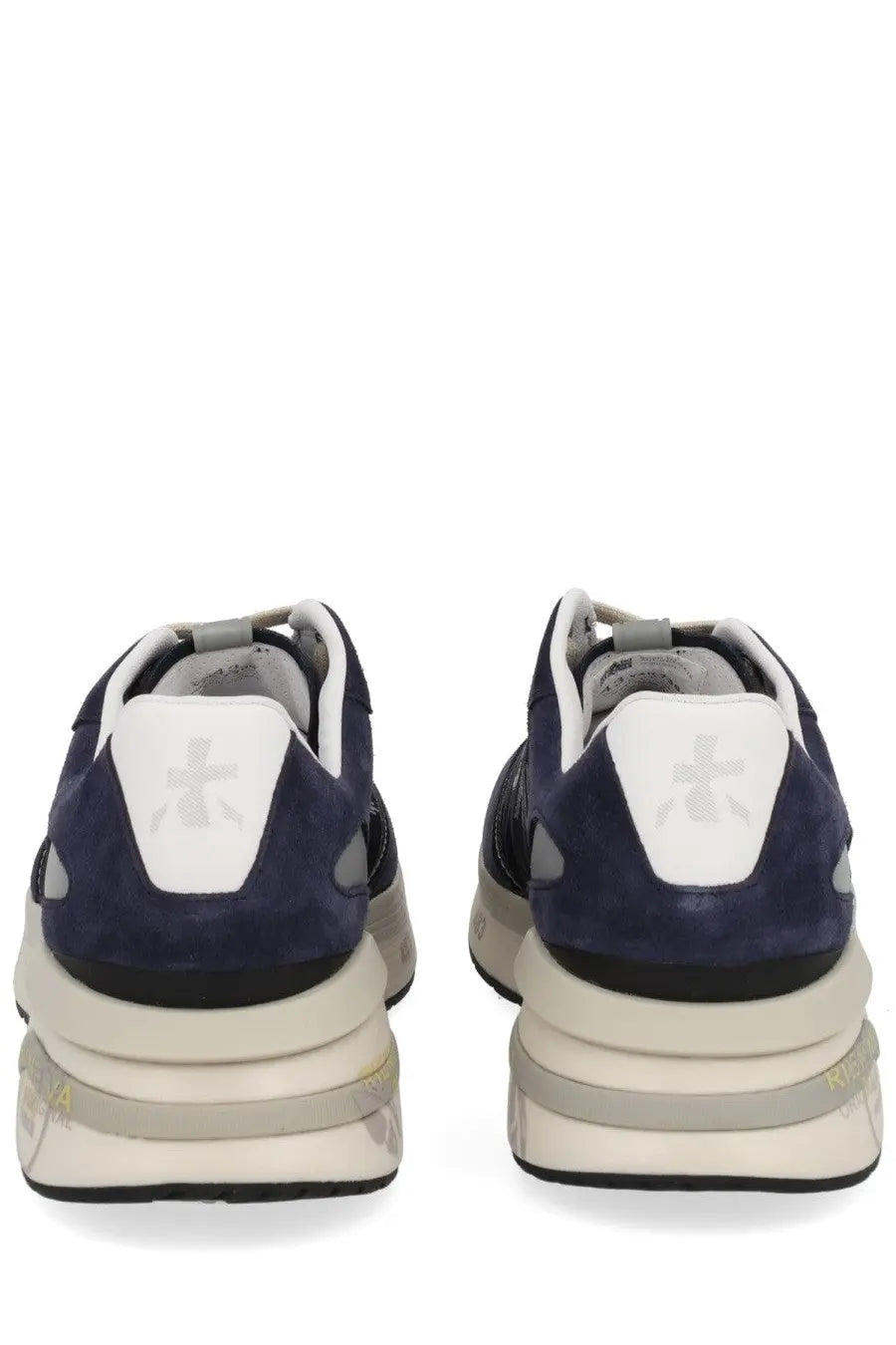 Navy blue suede premiata men’s sneaker moerun blue with white and black accents and chunky layered sole design