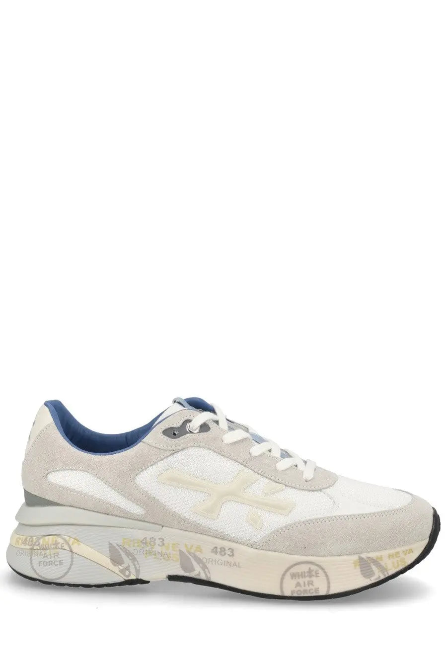 Premiata men’s sneaker Moerun white with chunky sole gold graffiti lettering and blue collar and laces accents