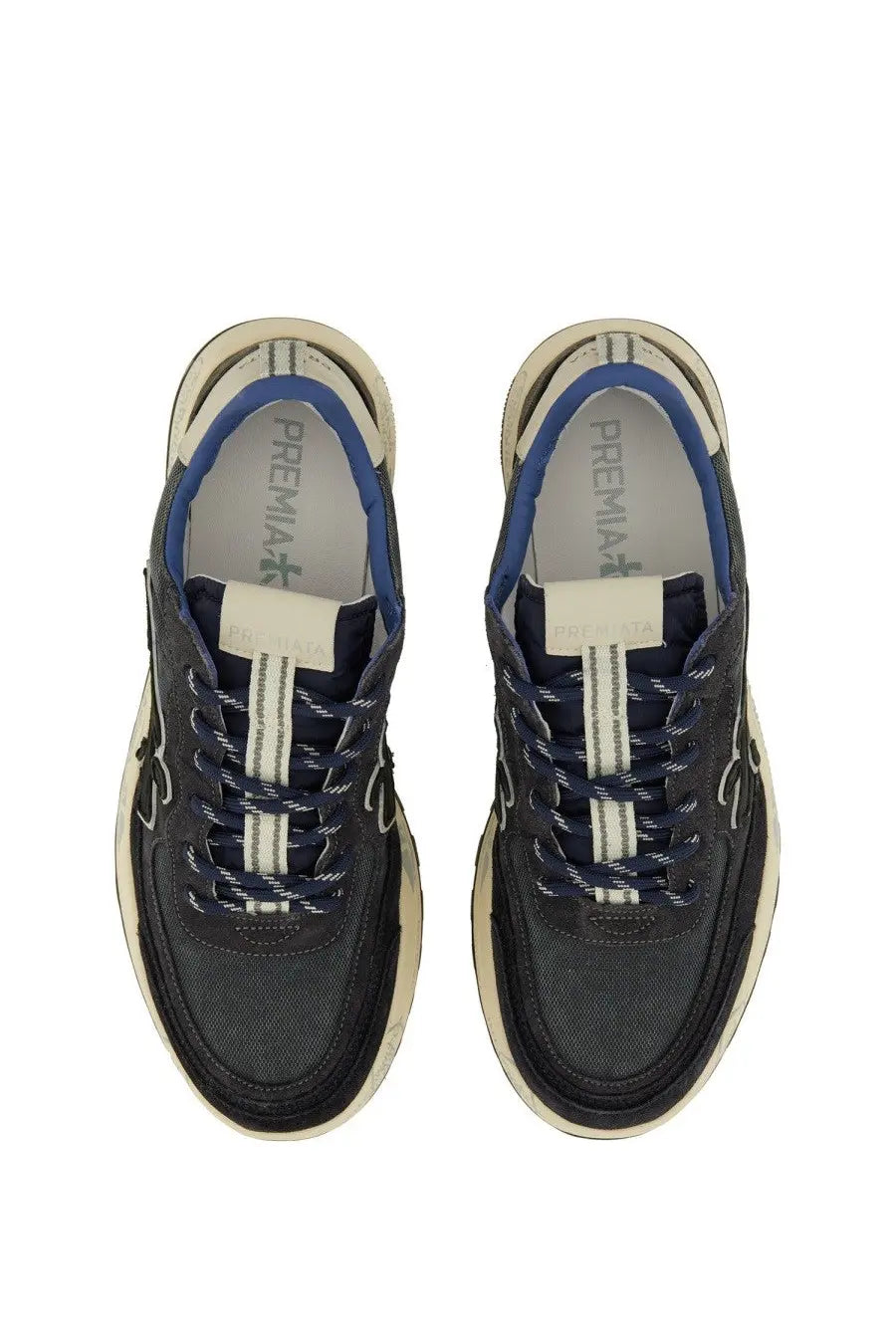 Premiata men’s sneaker nous blue with black and blue textured upper white laces with navy stripes and chunky off-white sole