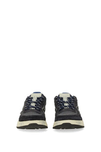 Premiata men’s sneaker Nous Blue black suede and canvas sneaker with white stripes blue laces and cream rubber sole