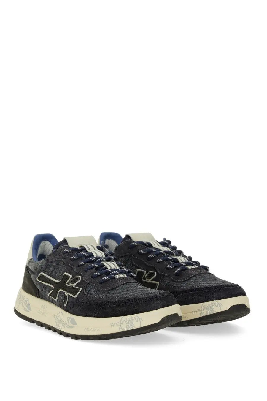 Premiata men’s sneaker Nous Blue in black suede and mesh with white logo blue laces and cream-colored soles