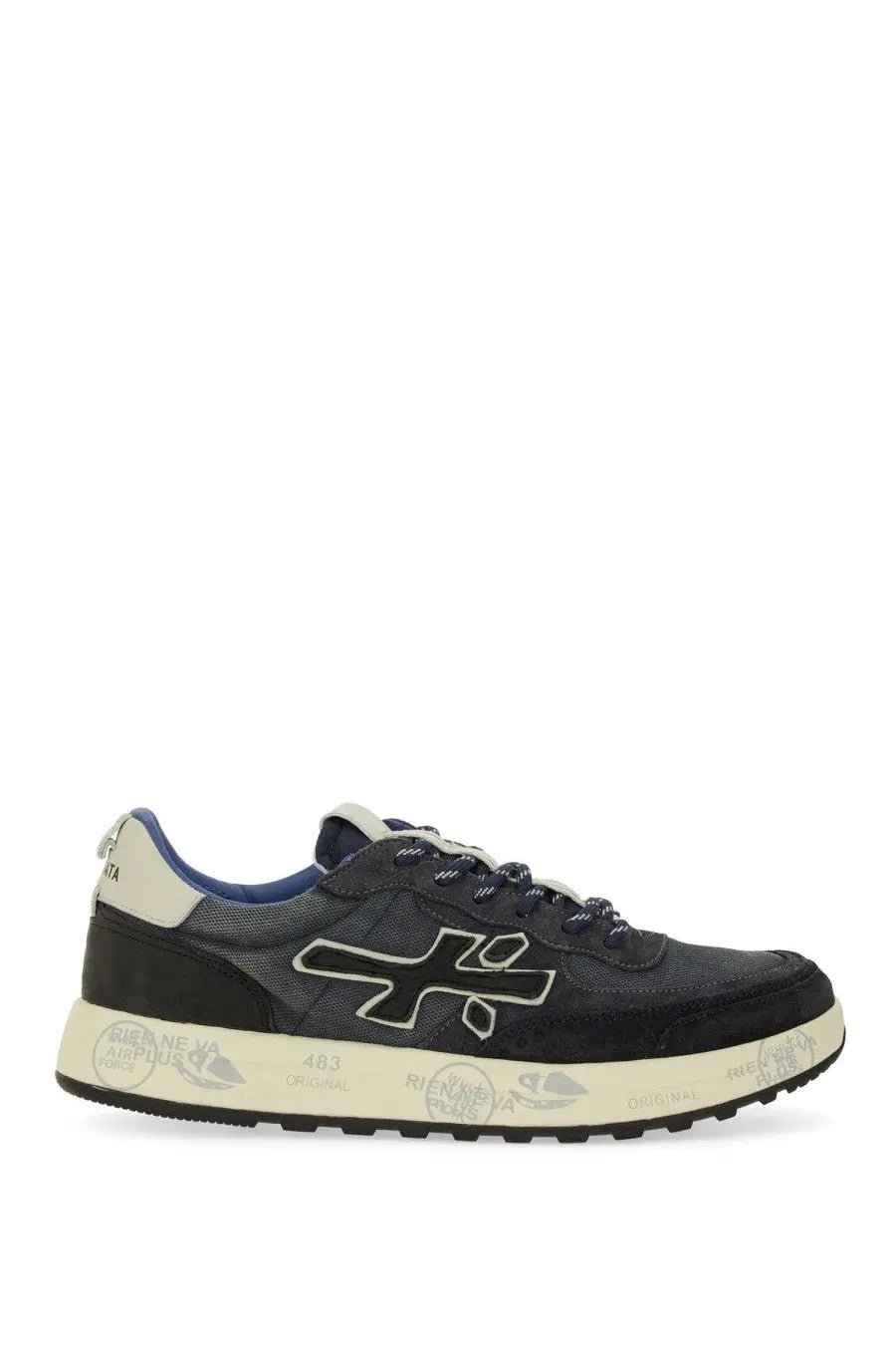 Premiata men’s sneaker nous blue in black suede and mesh with white logo and cream rubber sole with brand markings
