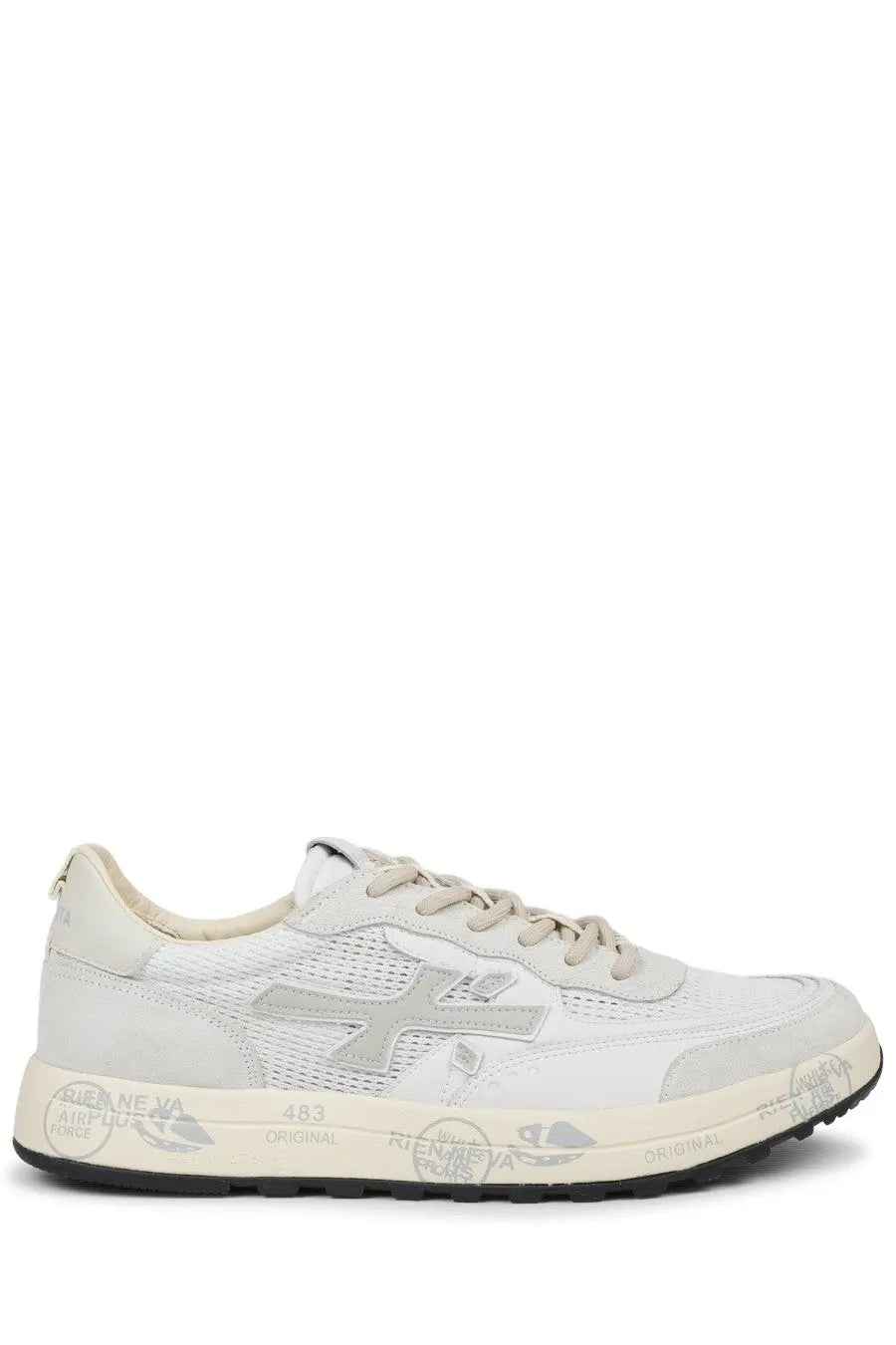 Premiata men’s sneaker nous white athletic shoe with white and silver mesh and leather panels and bold cross logo