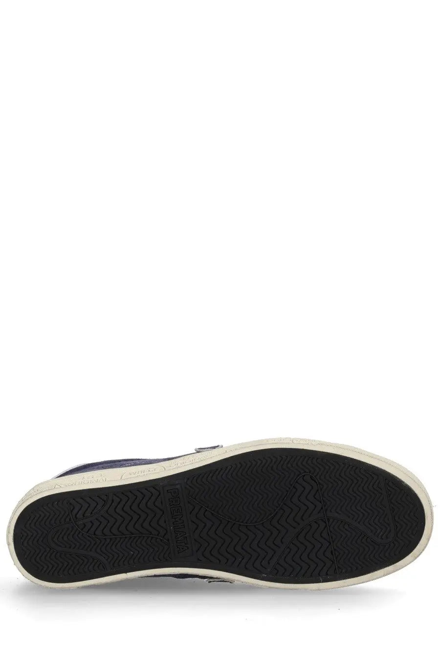 Black rubber sole with white midsole and puma branding on the back of premiata men’s sneaker steven blue