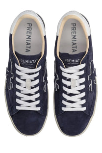 Premiata men’s sneaker Steven blue navy blue suede with white laces and light beige interior lining
