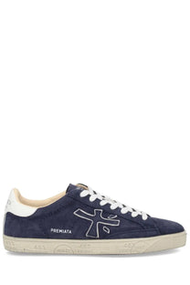 Premiata men’s sneaker steven in navy blue suede with white laces and contrasting white rubber sole with embossed branding