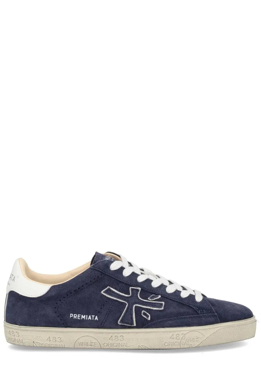 Premiata men’s sneaker Steven blue in navy blue suede with white laces and a white rubber sole with embossed branding