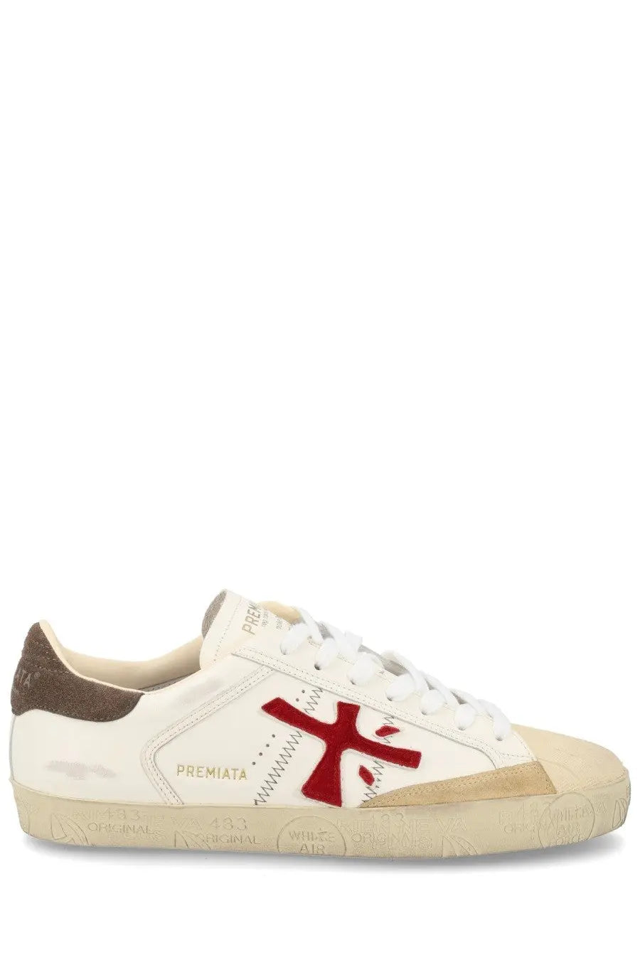 Premiata men’s sneaker Steven white in white and beige leather with bold red embroidered logo on the side