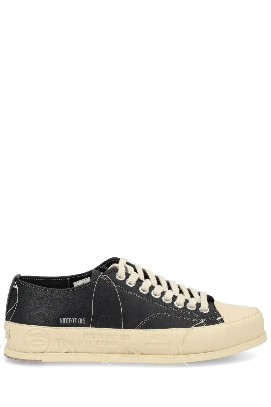 Premiata men’s sneaker vincent black low-top canvas shoe with cream rubber sole and laces in minimalist design