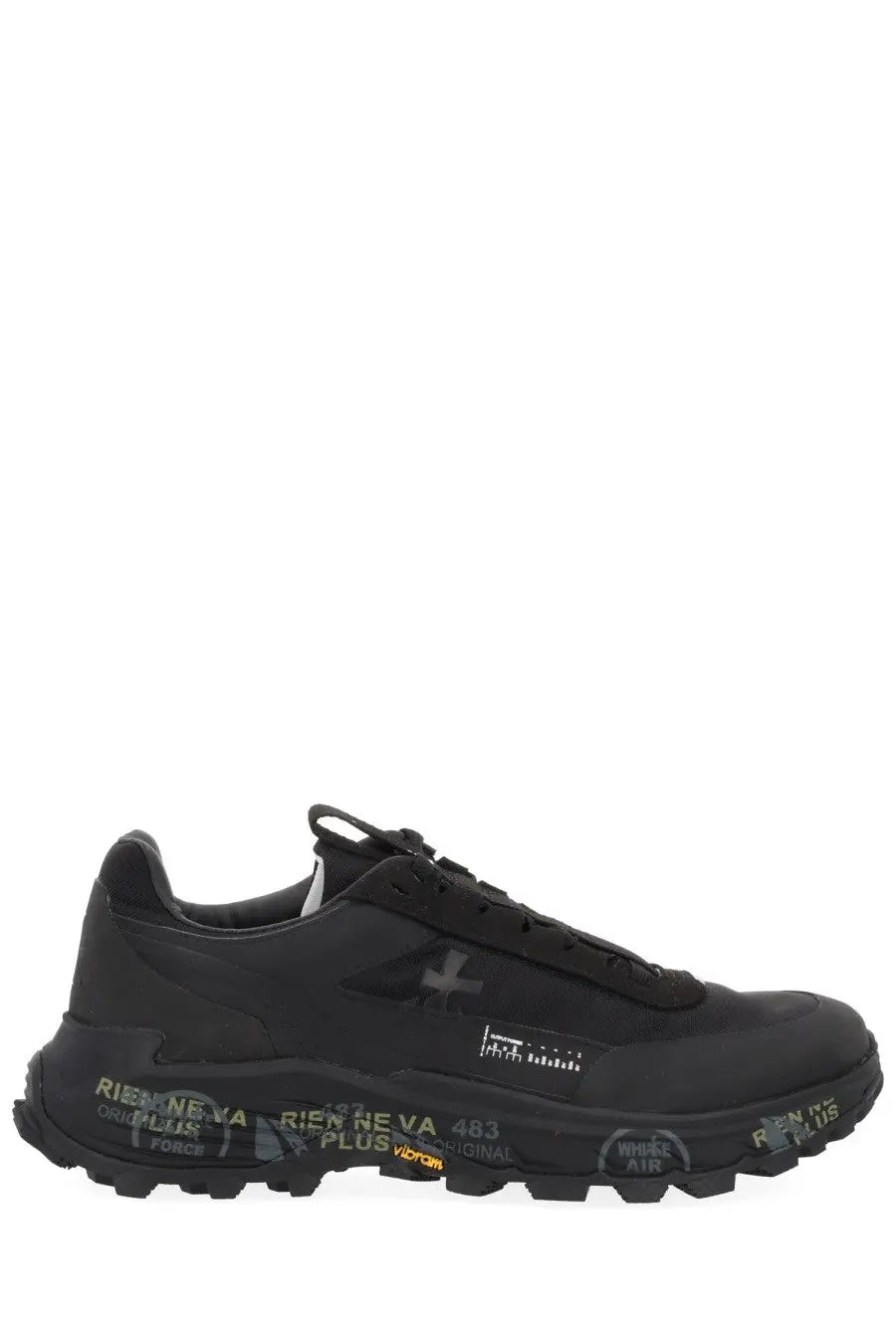 Premiata men’s snerker denvin black sneaker with matte finish and bold yellow text detailing on the sole