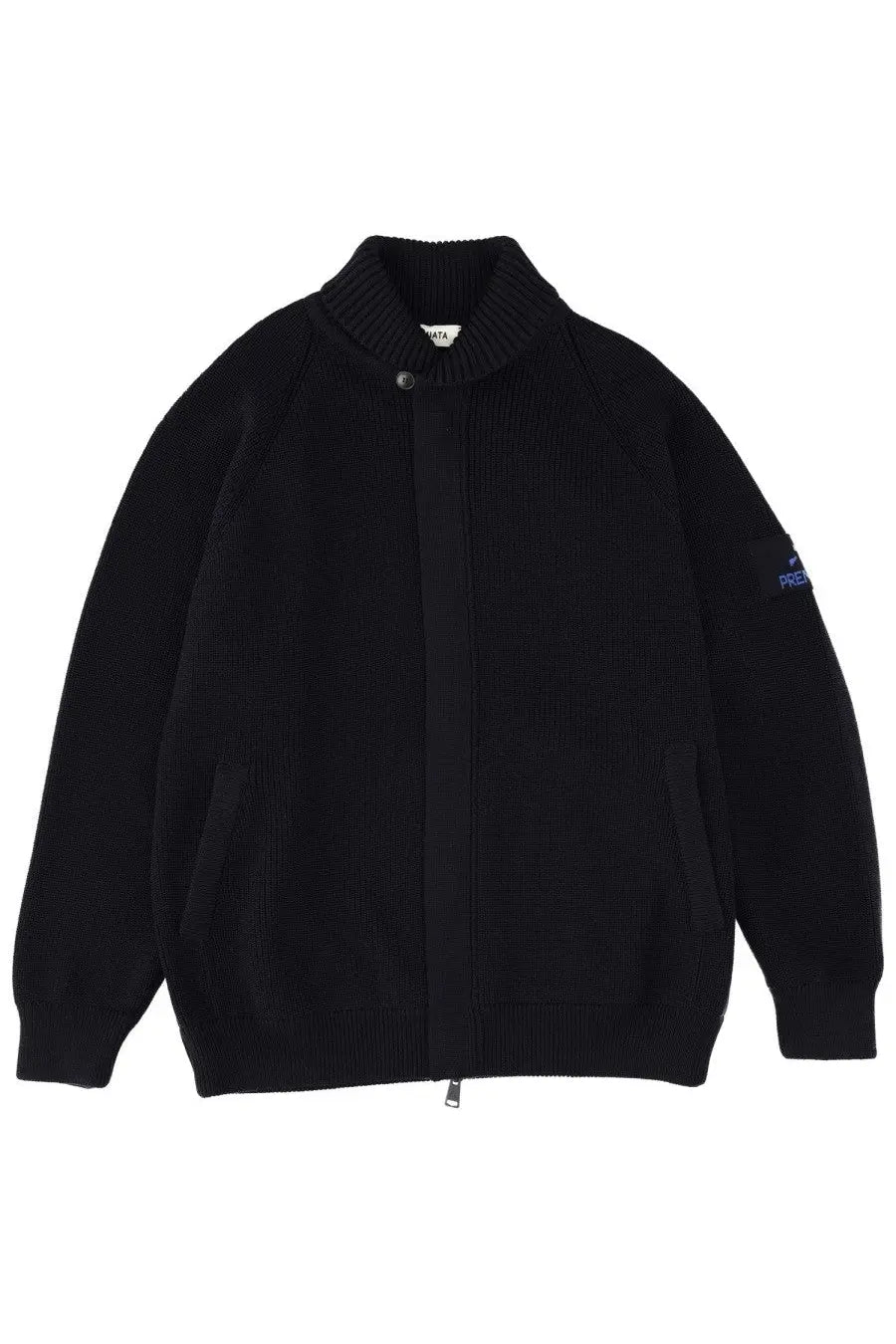 Premiata men’s wool jacket blue black ribbed knit bomber jacket with subtle blue logo patch on left sleeve