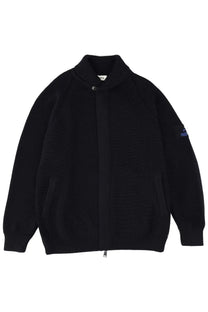 Premiata men’s wool jacket blue black ribbed knit bomber jacket with subtle blue logo patch on left sleeve