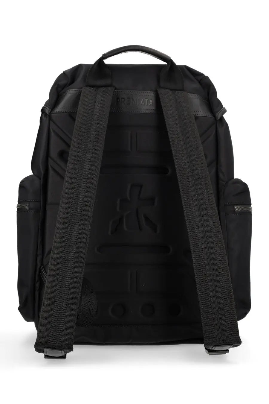 Black backpack with textured nylon fabric reinforced leather straps and embossed logo on back panel premia men’s zaino booker
