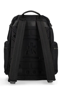 Black backpack with textured nylon fabric reinforced leather straps and embossed logo on back panel premia men’s zaino booker