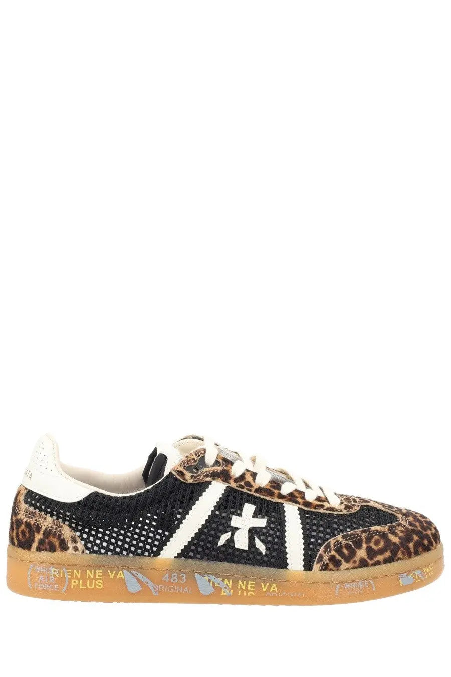 Premiata women’s Bonnied sneaker in black and leopard print with white laces mesh upper and gum sole with graffiti text