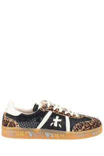 Premiata women’s Bonnied sneaker in black and leopard print with white laces mesh upper and gum sole with graffiti text