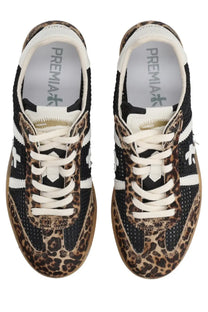Premiata women’s Bonnied sneaker in leopard print and black mesh with white laces and gum rubber sole