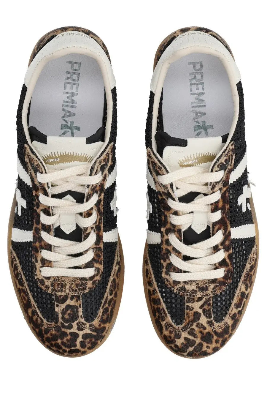 Premiata women’s Bonnied sneaker multicolor with leopard-print and black mesh upper white laces and gum rubber sole